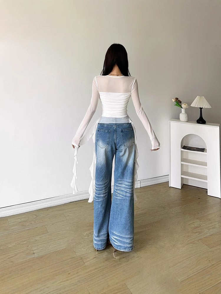 Irregular Ruffled Strap Shoulder T-shirt Women's Early Autumn Niche Design Sense Slim-fit Slimming Hot Girl Sexy Top