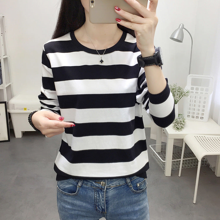 Autumn chubby girl Plus Size Large Size Loose Cotton Long-sleeved T-shirt Women's Middle-aged Mother Base Shirt Striped Top