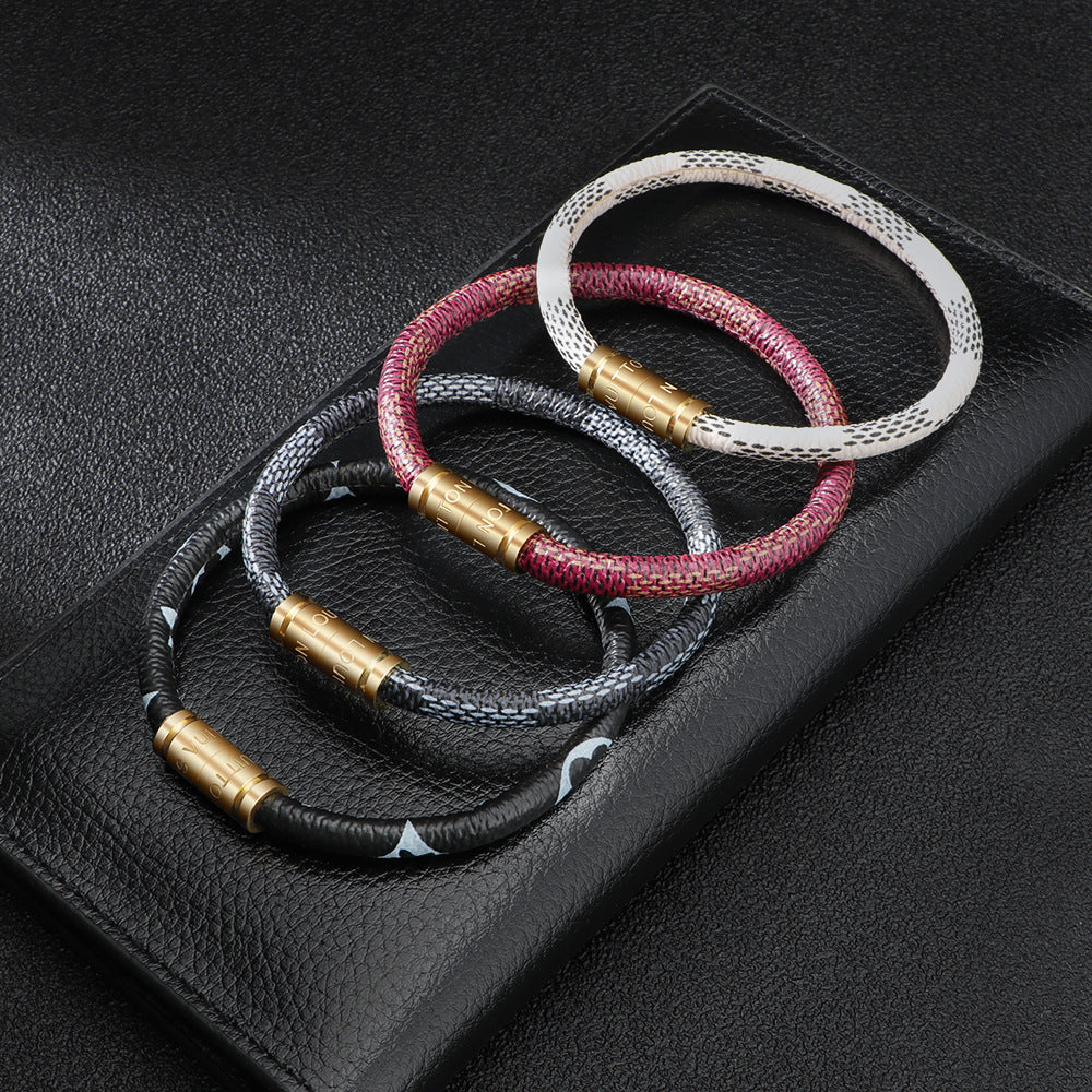 Cross-Border E-Commerce European and American Titanium Steel Lettering Old Pattern Cowhide Rope Bracelet Stainless Steel Magnetic Buckle Male and Female Couple Bracelet
