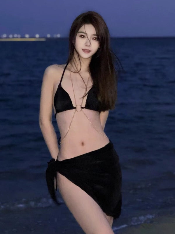 Black Chain Swimsuit Women's Bikini Three-Piece Split Beautiful Back Swimsuit Hot Spring Beach Vacation Halter Sexy