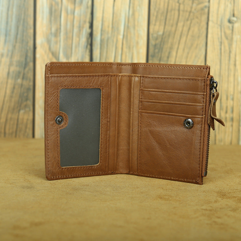 Shikangxin Vintage Genuine Leather Wallet Men's Short Wallet Multifunctional Zipper Bag Casual Oil Wax Cowhide Wallet