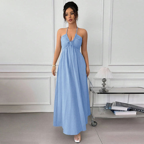 Summer Blue Halter Backless Dress Lace up Waist Slimming Seaside
