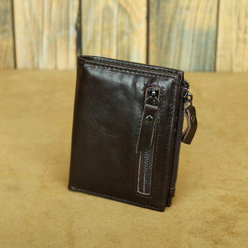 Shikangxin Vintage Genuine Leather Wallet Men's Short Wallet Multifunctional Zipper Bag Casual Oil Wax Cowhide Wallet