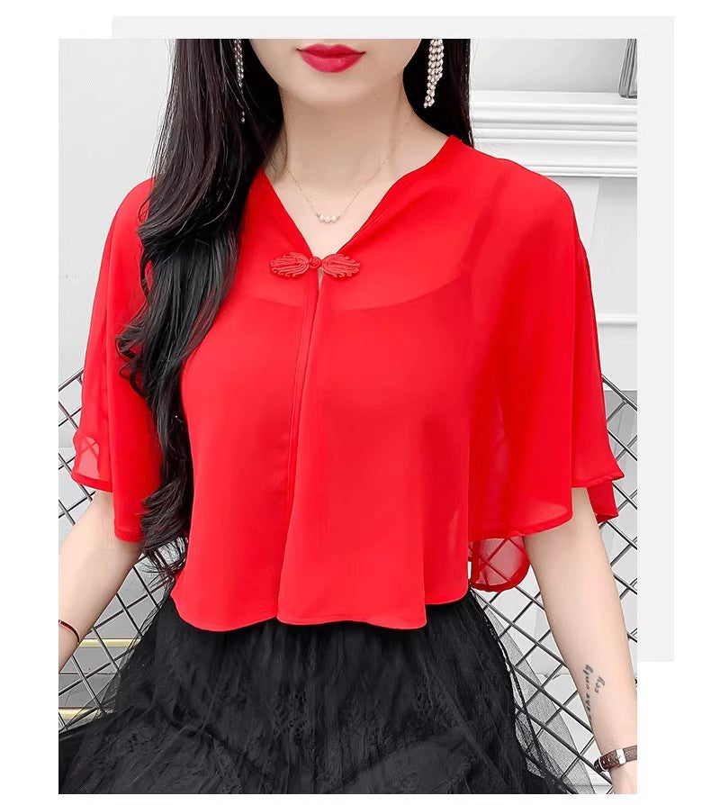 Thin Small Shawl Summer Dress with Sling Skirt Air-conditioning Shirt Women's Cardigan Outer Chiffon Ethnic Style Silver Buckle Small Coat