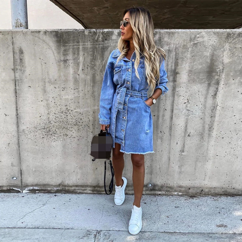 2024 Amazon Independent Station Aliexpress European and American Spring Denim Lapel Long Sleeve Single Breasted Slim Dress