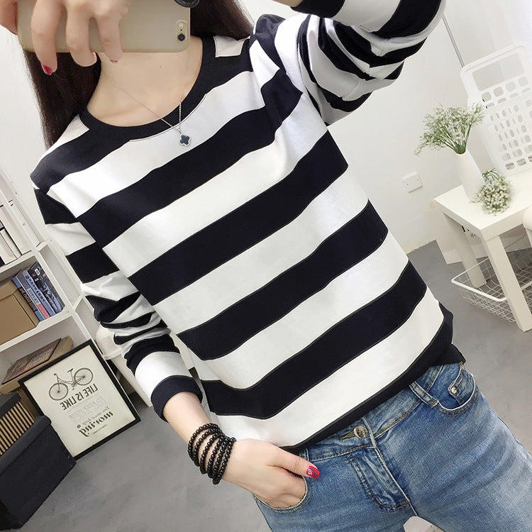 Autumn chubby girl Plus Size Large Size Loose Cotton Long-sleeved T-shirt Women's Middle-aged Mother Base Shirt Striped Top