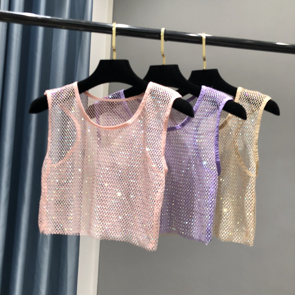 Summer new net diamond crystal I-shaped vest AB colored diamond short version party bling shiny exposed waist top