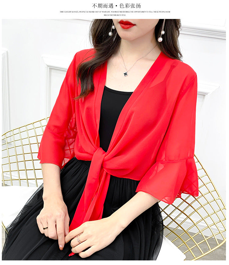 Sunscreen Cardigan Women's Spring and Summer Shawl Outer Blouse Thin Jacket with Sling Skirt Chiffon Small Waistcoat