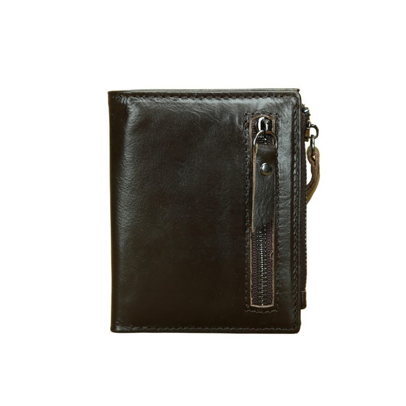 Shikangxin Vintage Genuine Leather Wallet Men's Short Wallet Multifunctional Zipper Bag Casual Oil Wax Cowhide Wallet