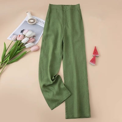 Solid Color Linen Wide-Leg Women's Pants 2023 Summer Loose Slimming Drapey High-Waisted Straight Nine-Point Length Leg-Lengthening