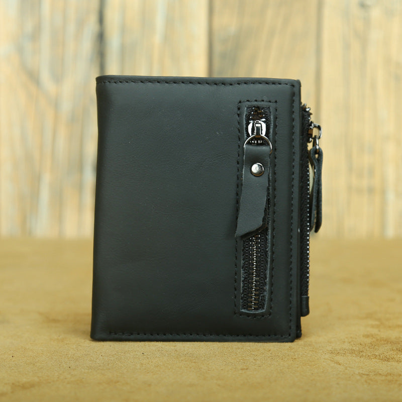 Shikangxin Vintage Genuine Leather Wallet Men's Short Wallet Multifunctional Zipper Bag Casual Oil Wax Cowhide Wallet