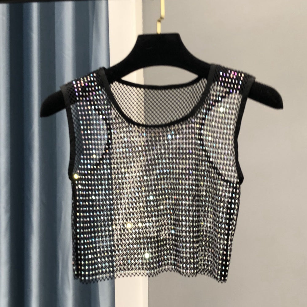 Summer new net diamond crystal I-shaped vest AB colored diamond short version party bling shiny exposed waist top