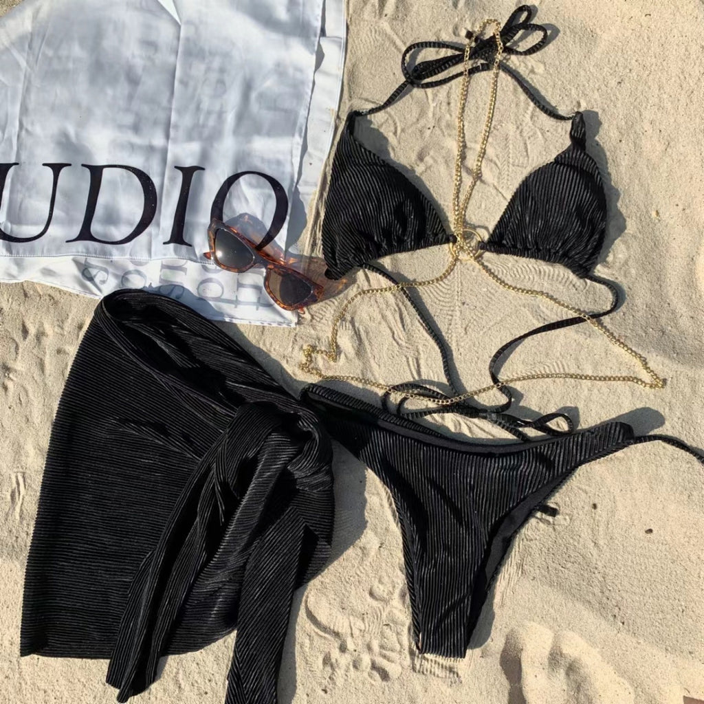Black Chain Swimsuit Women's Bikini Three-Piece Split Beautiful Back Swimsuit Hot Spring Beach Vacation Halter Sexy
