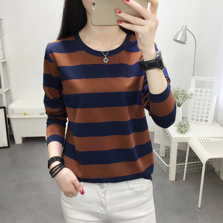 Autumn chubby girl Plus Size Large Size Loose Cotton Long-sleeved T-shirt Women's Middle-aged Mother Base Shirt Striped Top