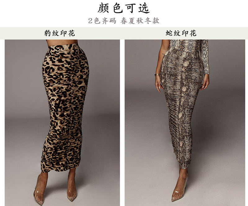 2025 Spring and Summer New High-Waisted Leopard Print Skirt European and American Fashion Sexy Tight Pleated Slit Mid-Length Skirt