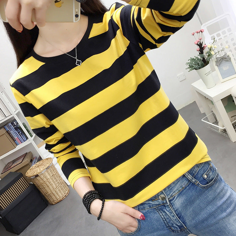 Autumn chubby girl Plus Size Large Size Loose Cotton Long-sleeved T-shirt Women's Middle-aged Mother Base Shirt Striped Top