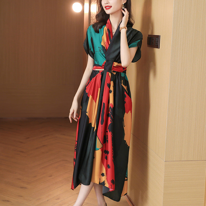 Simple Style Women's High-end Tea Break French dress Summer Short-sleeved 2022 Elegant Printed Large Dress