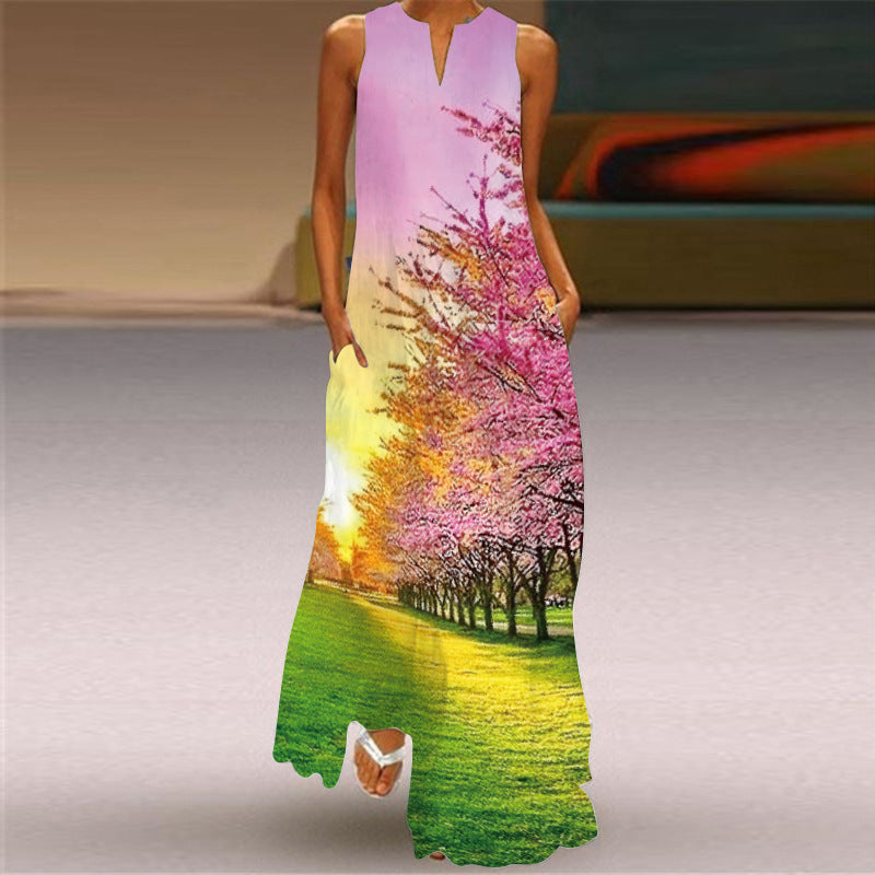 Cross-Border Women's Clothing Amazon Ebay 2026 New European and American Spring and Summer Fashion Printed Sexy Pocketed Long Dress