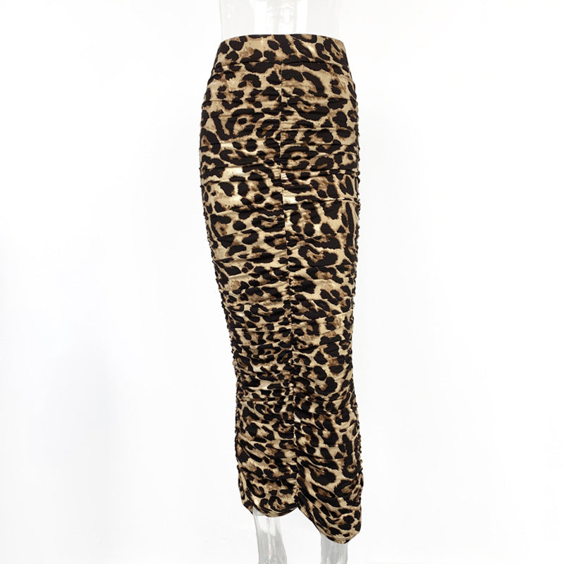 2025 Spring and Summer New High-Waisted Leopard Print Skirt European and American Fashion Sexy Tight Pleated Slit Mid-Length Skirt