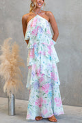 Spring Summer Chiffon Printed Lace up Dress Multi Layer Holiday Dress