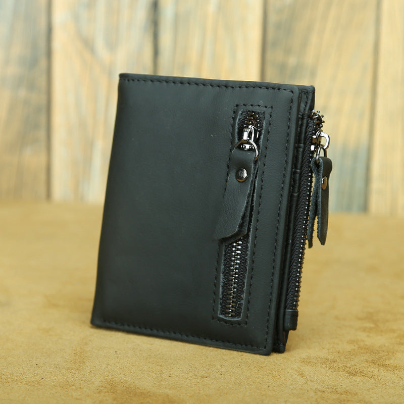 Shikangxin Vintage Genuine Leather Wallet Men's Short Wallet Multifunctional Zipper Bag Casual Oil Wax Cowhide Wallet