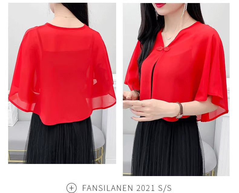 Thin Small Shawl Summer Dress with Sling Skirt Air-conditioning Shirt Women's Cardigan Outer Chiffon Ethnic Style Silver Buckle Small Coat