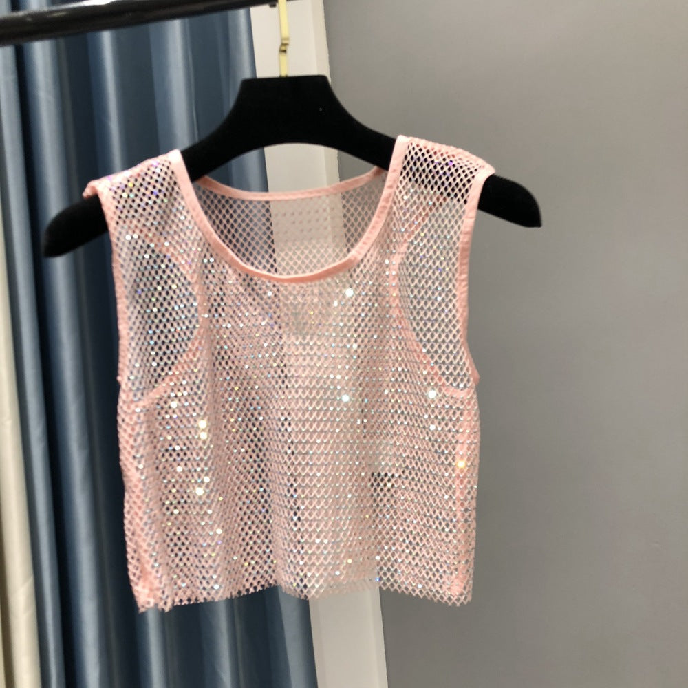 Summer new net diamond crystal I-shaped vest AB colored diamond short version party bling shiny exposed waist top