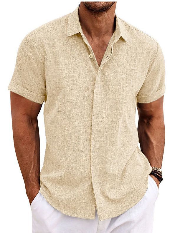 European and American Men's Double Placket Cotton Linen Cardigan Short-sleeved high quality Shirt Summer Home Short-sleeved Lapel Shirt Cross-border