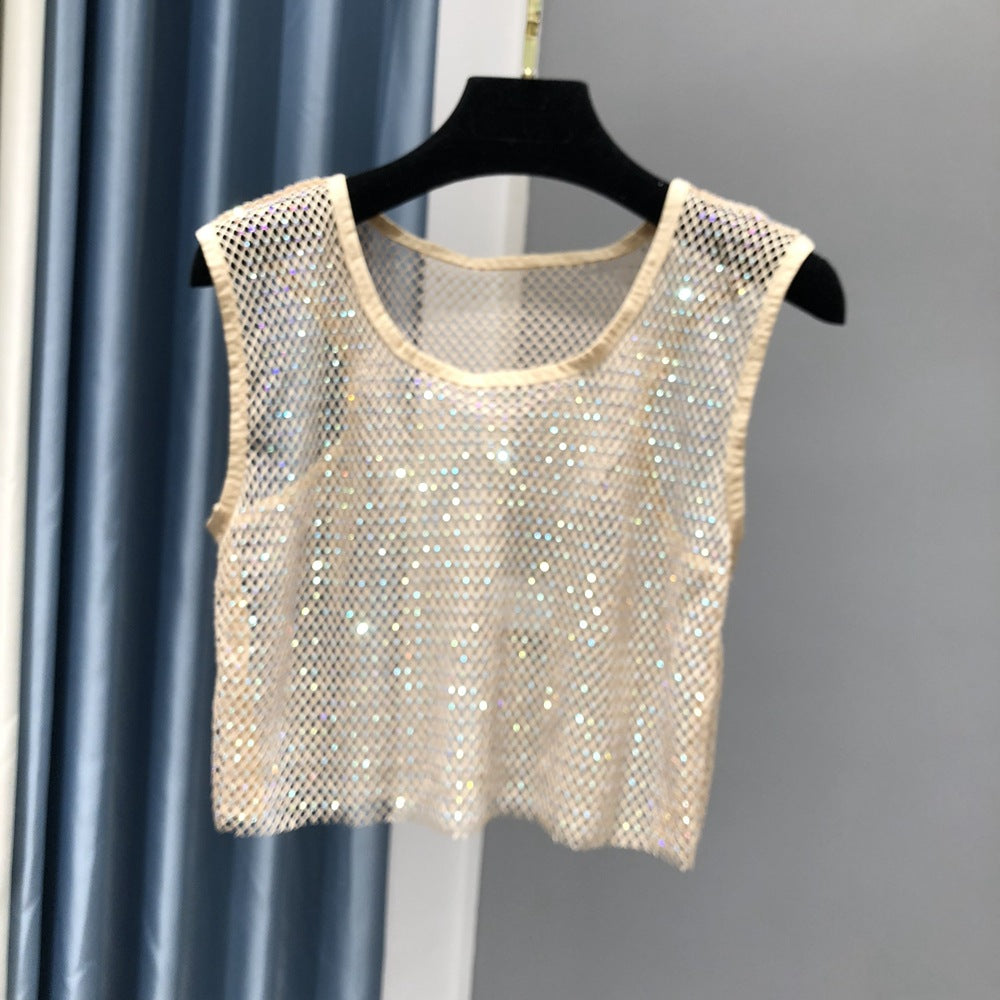 Summer new net diamond crystal I-shaped vest AB colored diamond short version party bling shiny exposed waist top