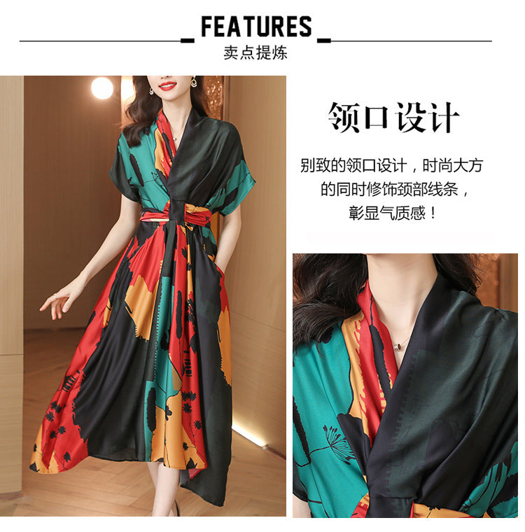 Simple Style Women's High-end Tea Break French dress Summer Short-sleeved 2022 Elegant Printed Large Dress