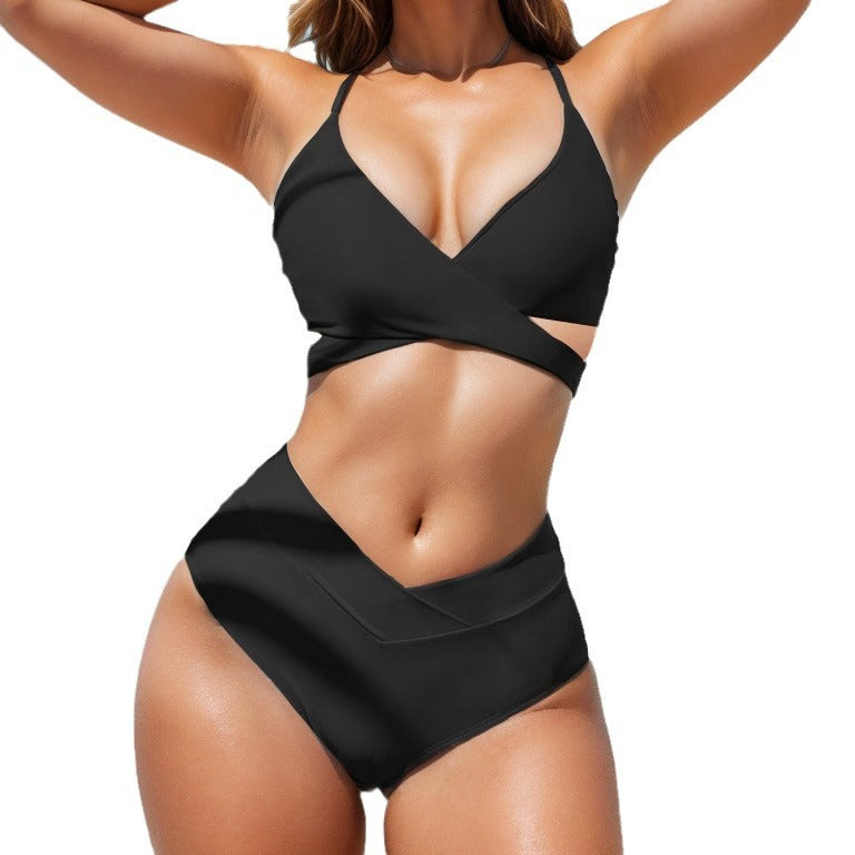 2025 New Bikini Cross-Border European and American Style Aliexpress Solid Color Tie-Up Sexy Bikini Two-Piece Swimsuit Swimwear for Women