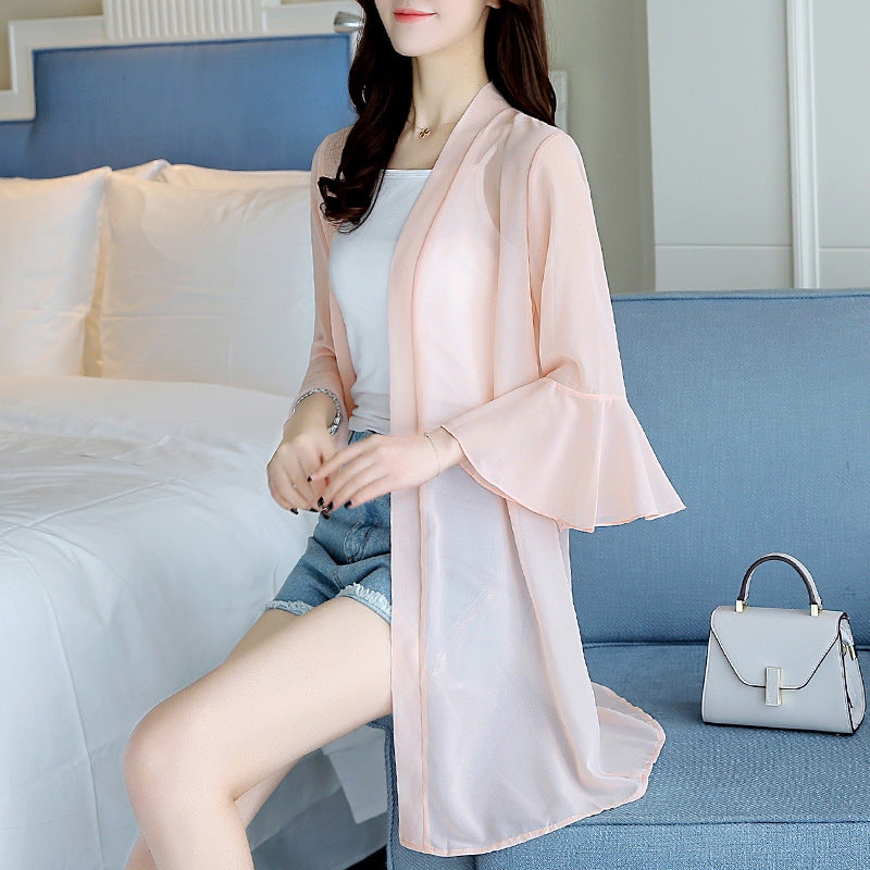 Sunscreen Cardigan Women's Spring and Summer Shawl Outer Blouse Thin Jacket with Sling Skirt Chiffon Small Waistcoat