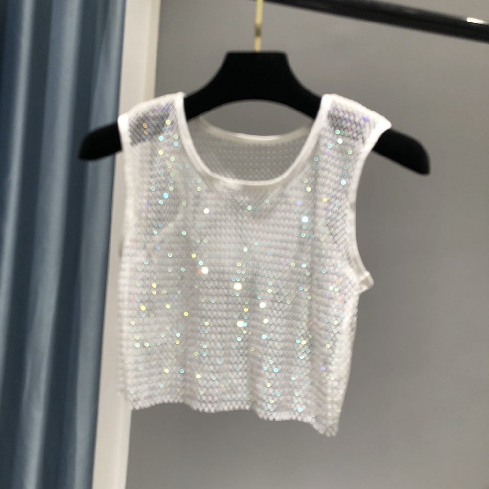 Summer new net diamond crystal I-shaped vest AB colored diamond short version party bling shiny exposed waist top
