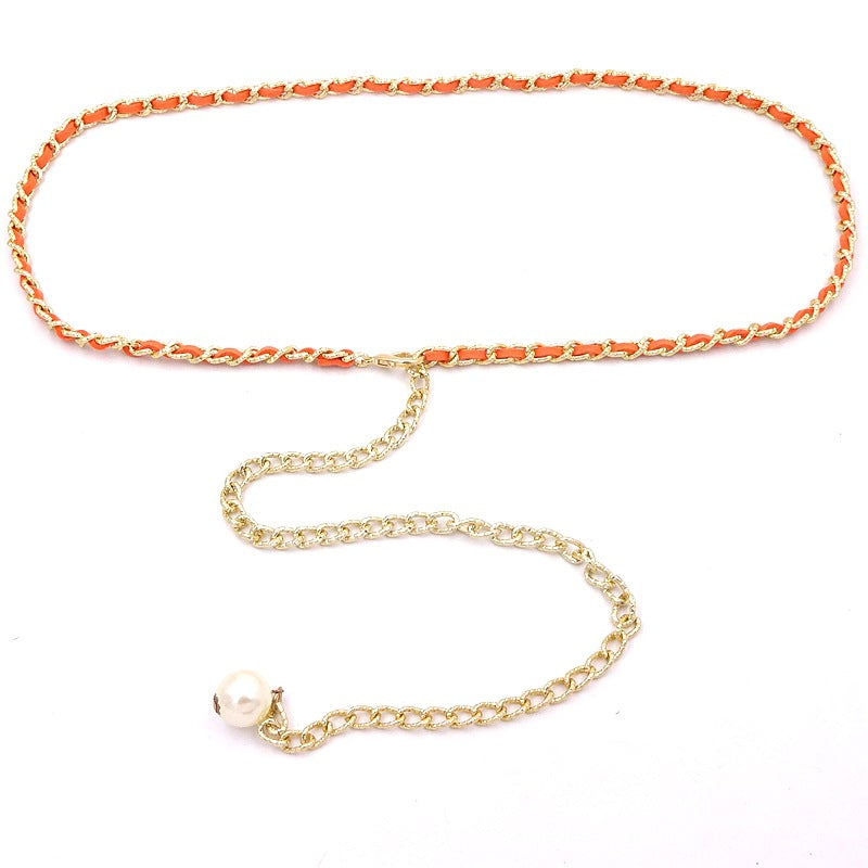 Korean style versatile metal thin waist chain women's skirt decorative pearl belt sweet lady decorative belt