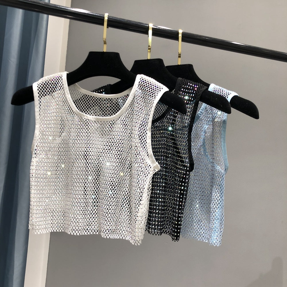 Summer new net diamond crystal I-shaped vest AB colored diamond short version party bling shiny exposed waist top