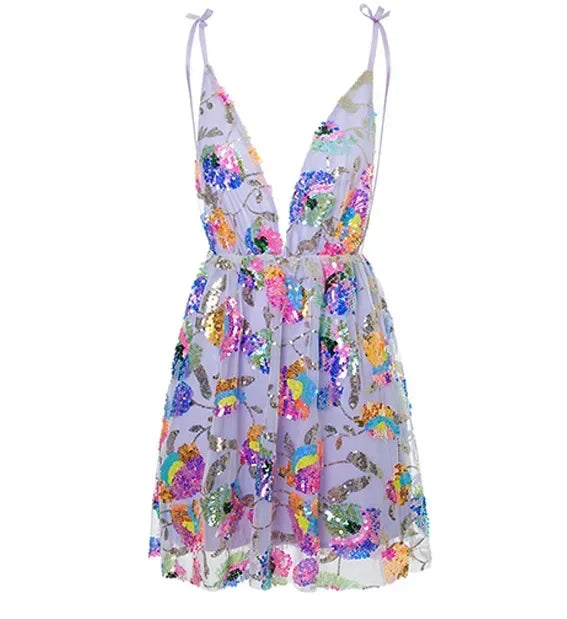2023 Export Cross-Border Hot Selling Amazon Hot Selling Sexy Deep V Backless Sequined Floral Lace Women's Sexy Short Clothing