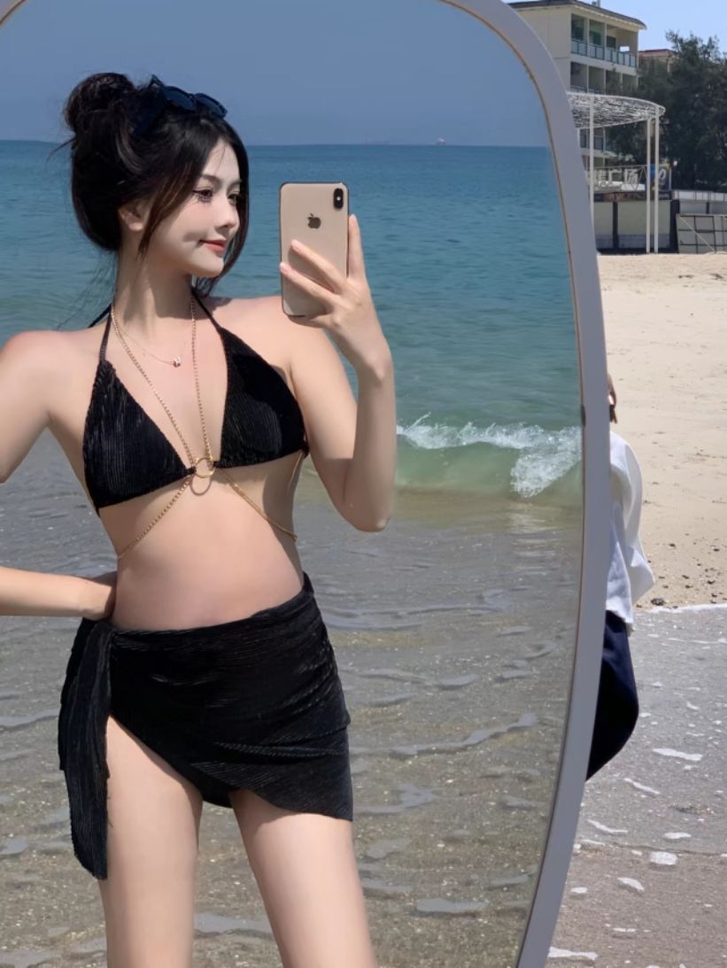 Black Chain Swimsuit Women's Bikini Three-Piece Split Beautiful Back Swimsuit Hot Spring Beach Vacation Halter Sexy