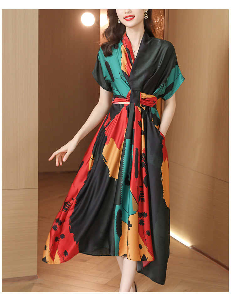Simple Style Women's High-end Tea Break French dress Summer Short-sleeved 2022 Elegant Printed Large Dress