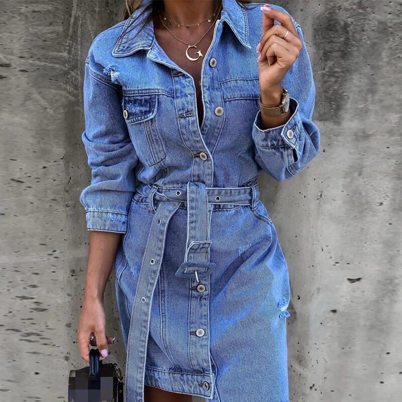 2024 Amazon Independent Station Aliexpress European and American Spring Denim Lapel Long Sleeve Single Breasted Slim Dress