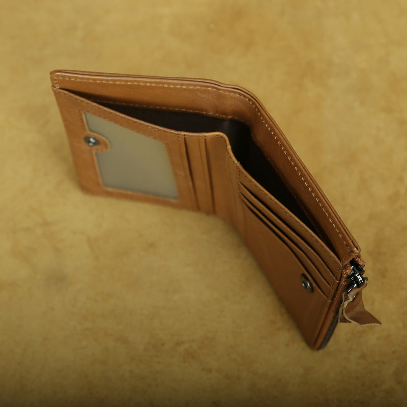 Shikangxin Vintage Genuine Leather Wallet Men's Short Wallet Multifunctional Zipper Bag Casual Oil Wax Cowhide Wallet