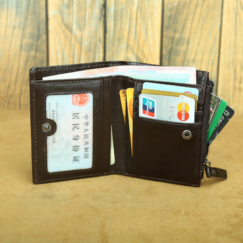 Shikangxin Vintage Genuine Leather Wallet Men's Short Wallet Multifunctional Zipper Bag Casual Oil Wax Cowhide Wallet