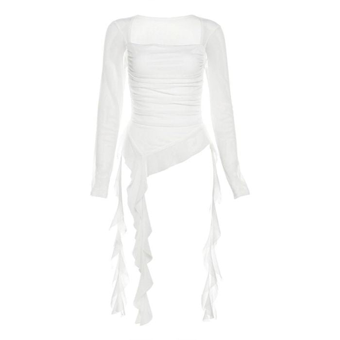 Irregular Ruffled Strap Shoulder T-shirt Women's Early Autumn Niche Design Sense Slim-fit Slimming Hot Girl Sexy Top