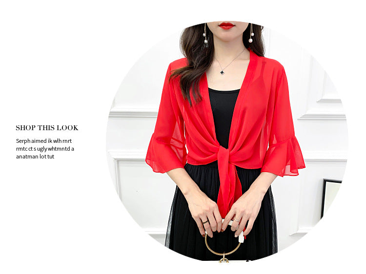 Sunscreen Cardigan Women's Spring and Summer Shawl Outer Blouse Thin Jacket with Sling Skirt Chiffon Small Waistcoat
