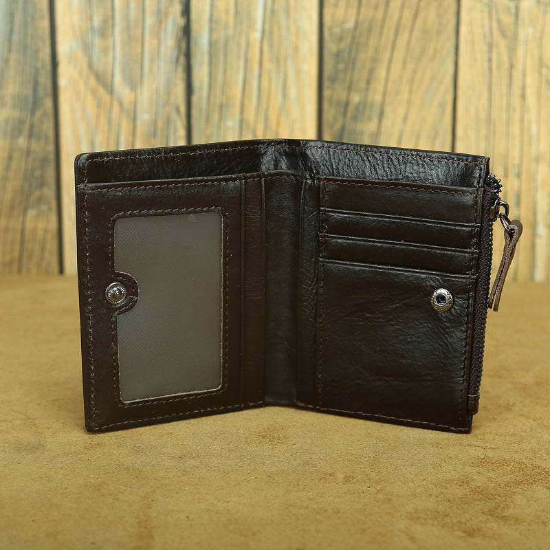 Shikangxin Vintage Genuine Leather Wallet Men's Short Wallet Multifunctional Zipper Bag Casual Oil Wax Cowhide Wallet