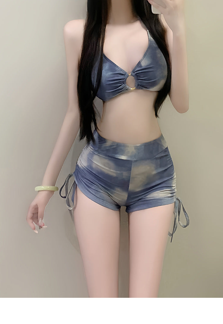 Hot Spring Swimsuit Women's Holiday American Tie-Dye Blue Three-Point Sports Split Flat-Angle Bikini Blouse Three-Piece Set