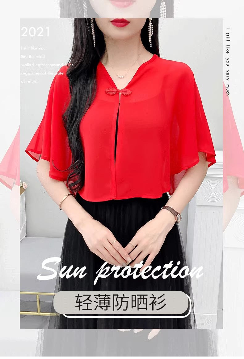 Thin Small Shawl Summer Dress with Sling Skirt Air-conditioning Shirt Women's Cardigan Outer Chiffon Ethnic Style Silver Buckle Small Coat