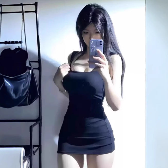 Sister-Style Little Black Dress, Waist Slimming Suspender Skirt, Hip-Covering Skirt, Pure Lust Hot Girl Square-Neck Tight Dress, Women's New Summer Style