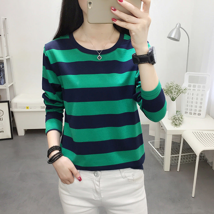 Autumn chubby girl Plus Size Large Size Loose Cotton Long-sleeved T-shirt Women's Middle-aged Mother Base Shirt Striped Top