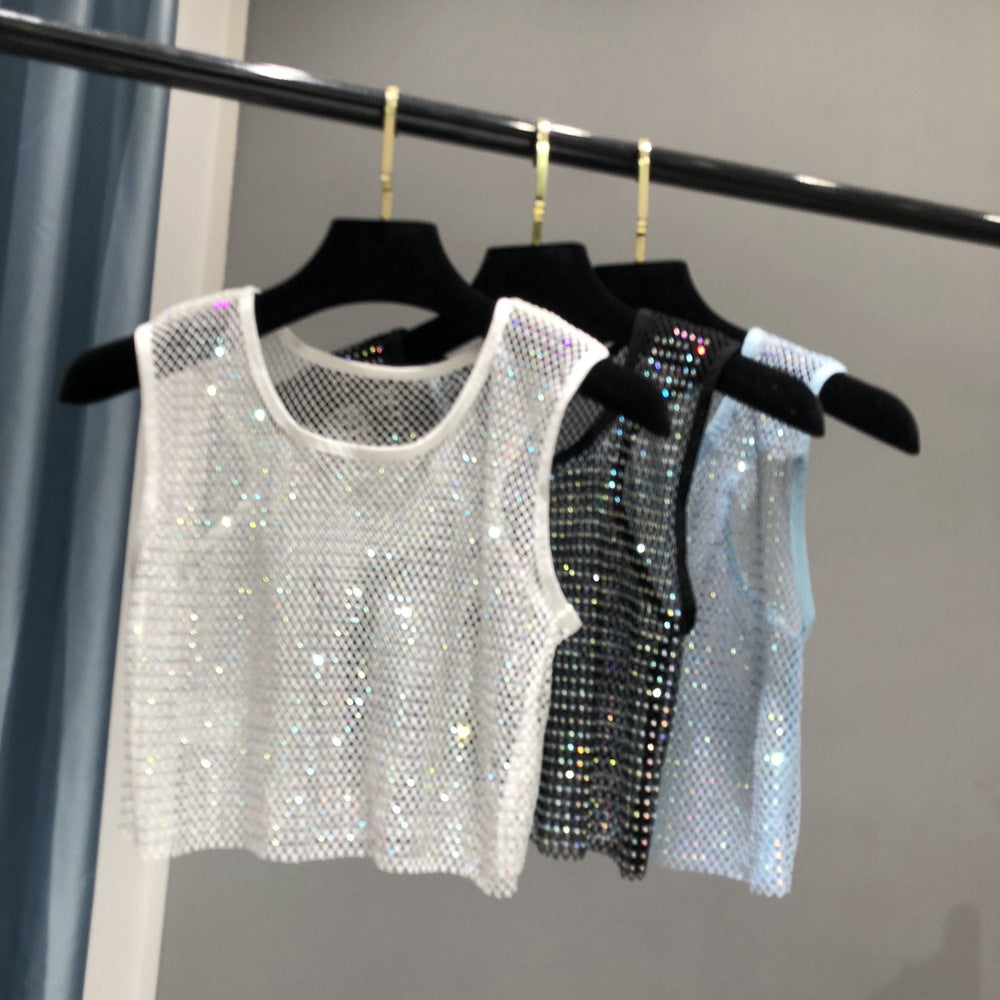 Summer new net diamond crystal I-shaped vest AB colored diamond short version party bling shiny exposed waist top