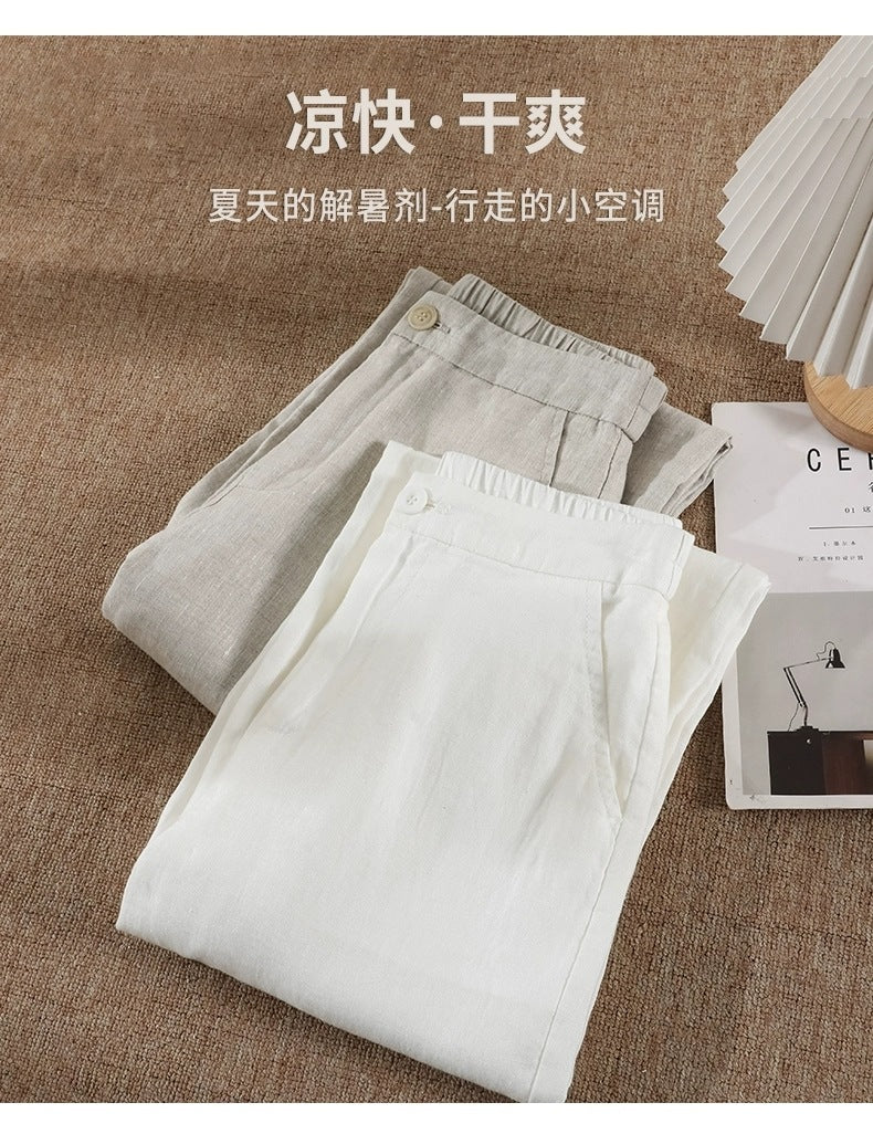 Solid Color Linen Wide-Leg Women's Pants 2023 Summer Loose Slimming Drapey High-Waisted Straight Nine-Point Length Leg-Lengthening